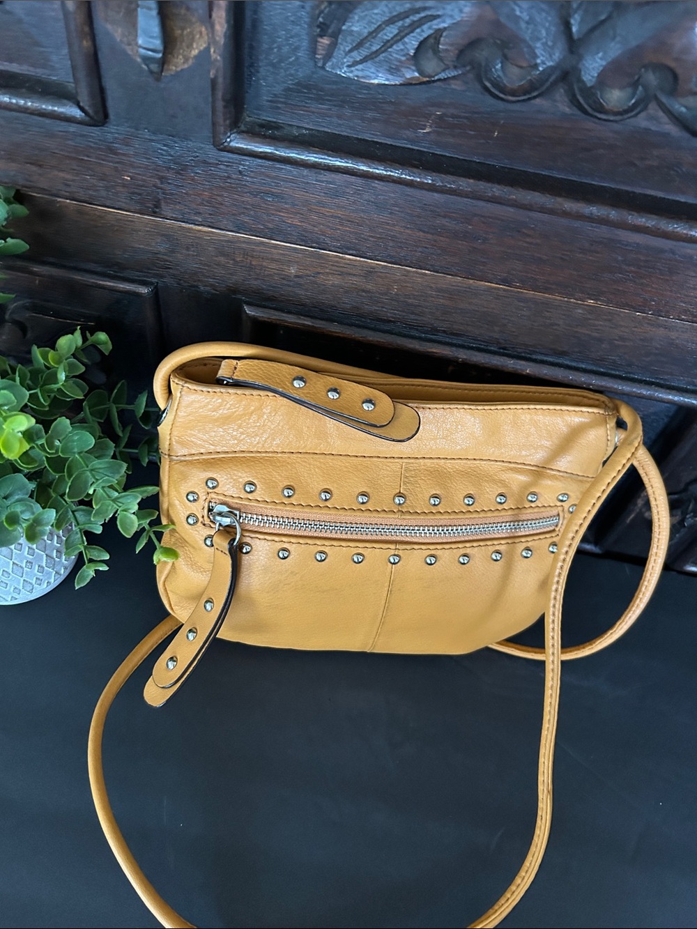 B. makowsky Mustard Yellow Studded Leather Crossbody - Picture 3 of 11